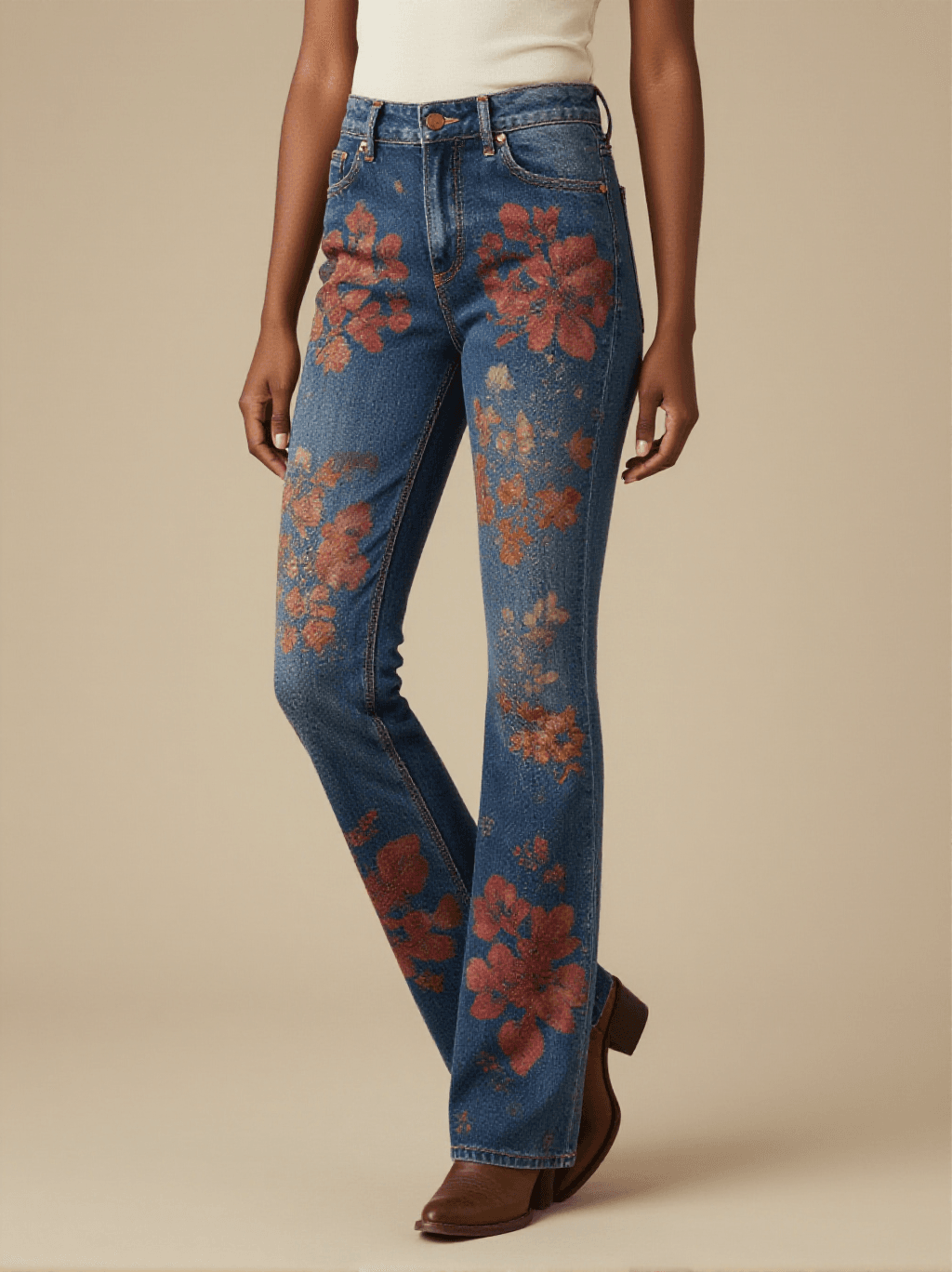 Indigo Flower Cloud Bootcut Jeans – Front View – Amara – Dark Indigo / Roan Red / Trail Bone