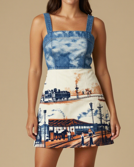 Train Station Farewell Structured Mini Dress – Front View – Riley – Cream / Indigo / Terracotta