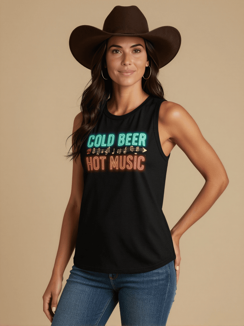 Cold Beer Hot Music Tank Top – Front View – Riley – Black / Turquoise / Coral