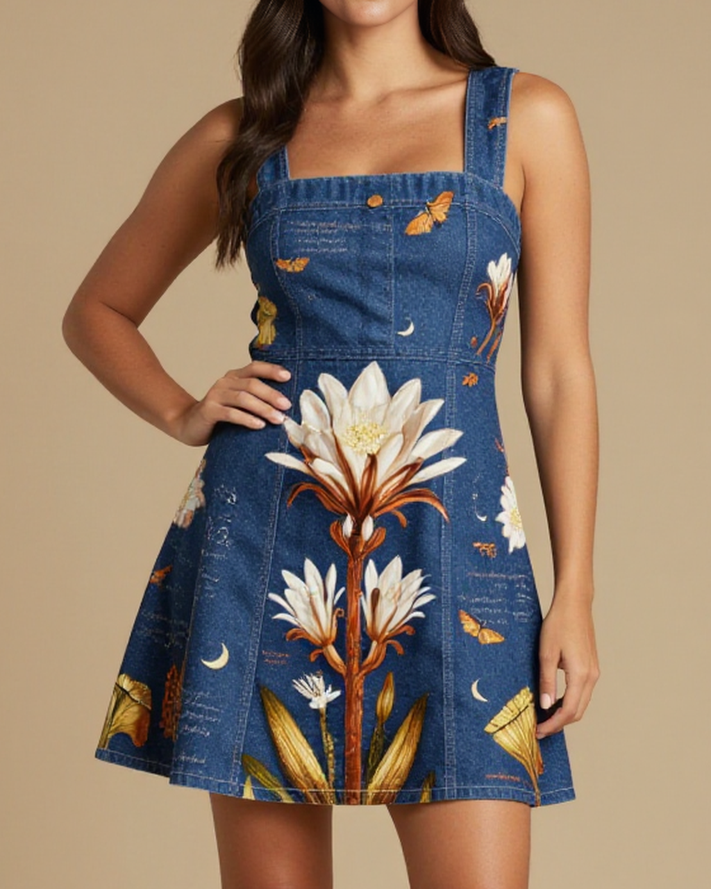 Nocturnal Bloom Cabinet Structured Mini Dress – Front View – Jessie – Midnight Indigo / Cream / Gold