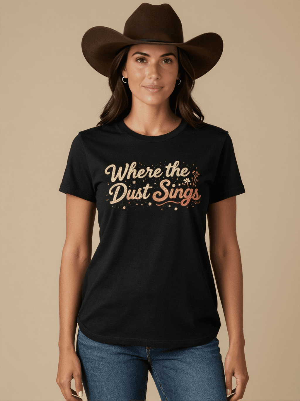 Where the Dust Sings Washed Tee – Front View – Jessie – black