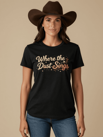 Where the Dust Sings Washed Tee – Front View – Jessie – black