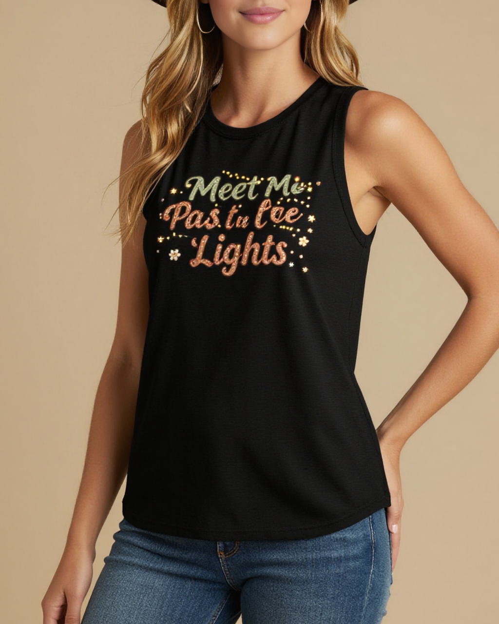 Meet Me Past the Lights Tank Top – Front View – Riley – black