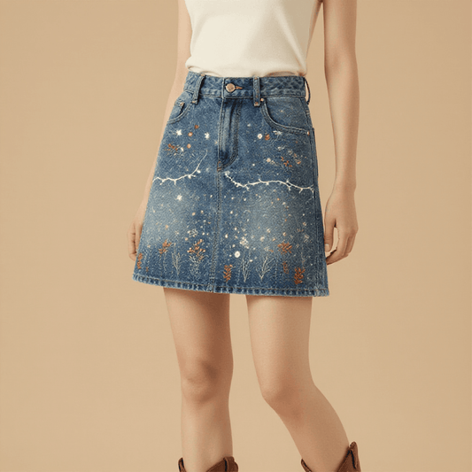 Backroad Lantern Tune Denim Mini Skirt – Front View – Riley – Indigo / Copper / Cream