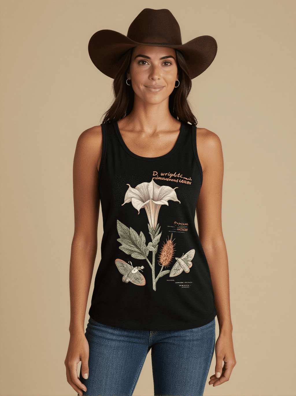 Sacred Datura Specimen Tank Top – Front View – Jessie – Black / Cream / Copper