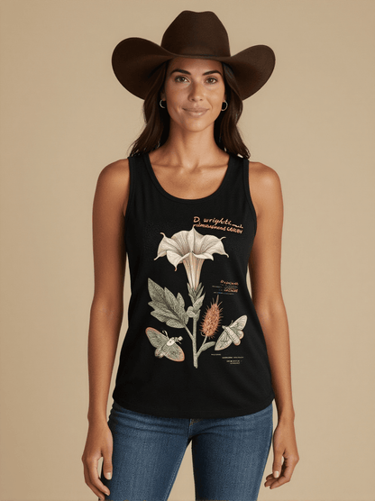 Sacred Datura Specimen Tank Top – Front View – Jessie – Black / Cream / Copper