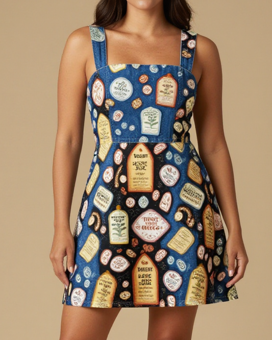 Prairie Pharmacy Labels Structured Mini Dress – Front View – Riley – Deep Black / Multi