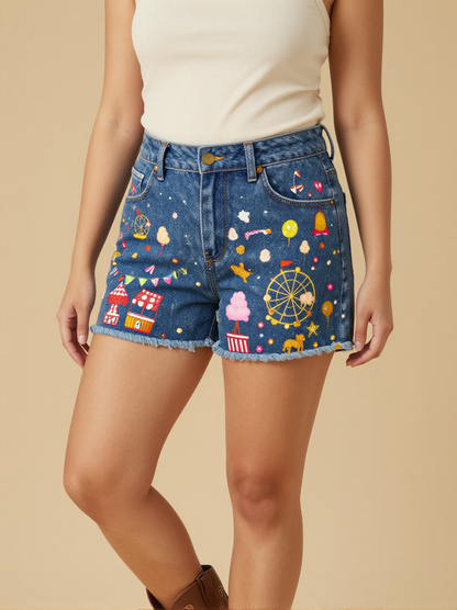 County Fair Day Denim Shorts – Front View – Jessie – Blue Denim