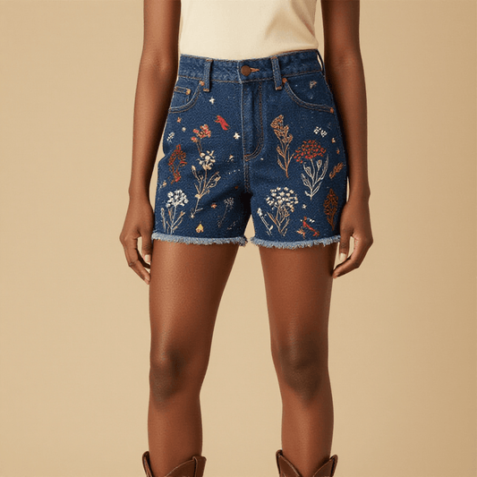 Prairie Waltz Floral Denim Shorts – Front View – Amara – Indigo / Wildflower Multi