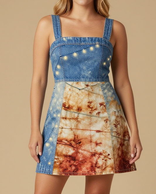 String Lights Trail Structured Mini Dress – Front View – Riley – Midnight Indigo / Copper / Trail Bone