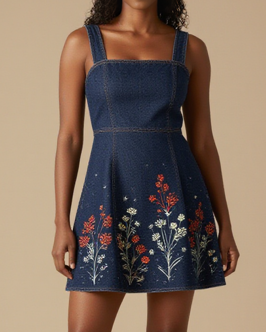 Prairie Waltz Floral Structured Mini Dress – Front View – Amara – Indigo / Wildflower Multi