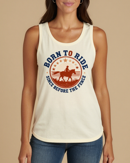 Born To Ride Badge Tank Top – Front View – Riley – Cream / Terracotta / Navy