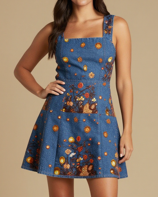 Amber Bulb Bloom Structured Mini Dress – Front View – Jessie – Indigo / Copper / Trail Bone