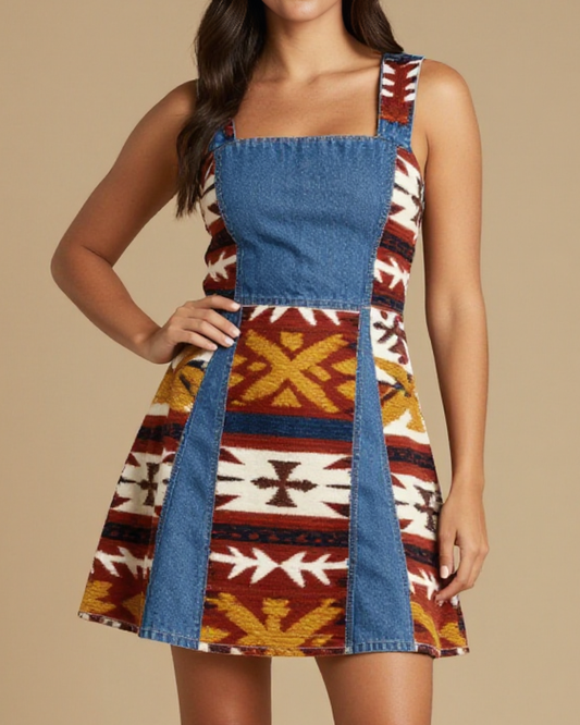 Trade Blanket Classic Structured Mini Dress – Front View – Riley – Cream / Terracotta / Indigo / Gold
