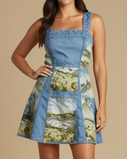 Windline Chorus Structured Mini Dress – Front View – Jessie – Midnight Indigo / Copper / Trail Bone