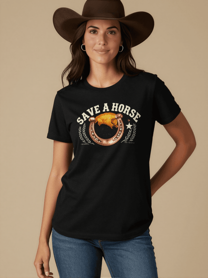 Save A Horse Washed Tee – Front View – Riley – Black / Cream / Copper