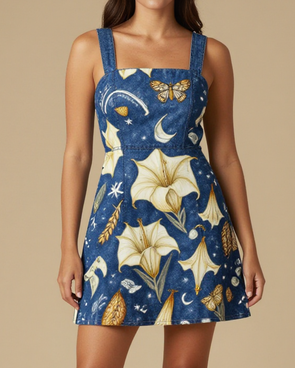 Datura Moonwatch Structured Mini Dress – Front View – Riley – Midnight Indigo / Cream