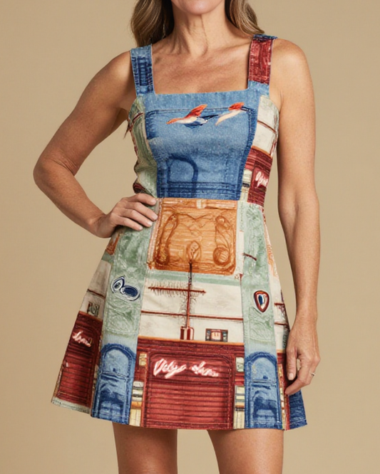 Blue Swallow Structured Mini Dress – Front View – Mara