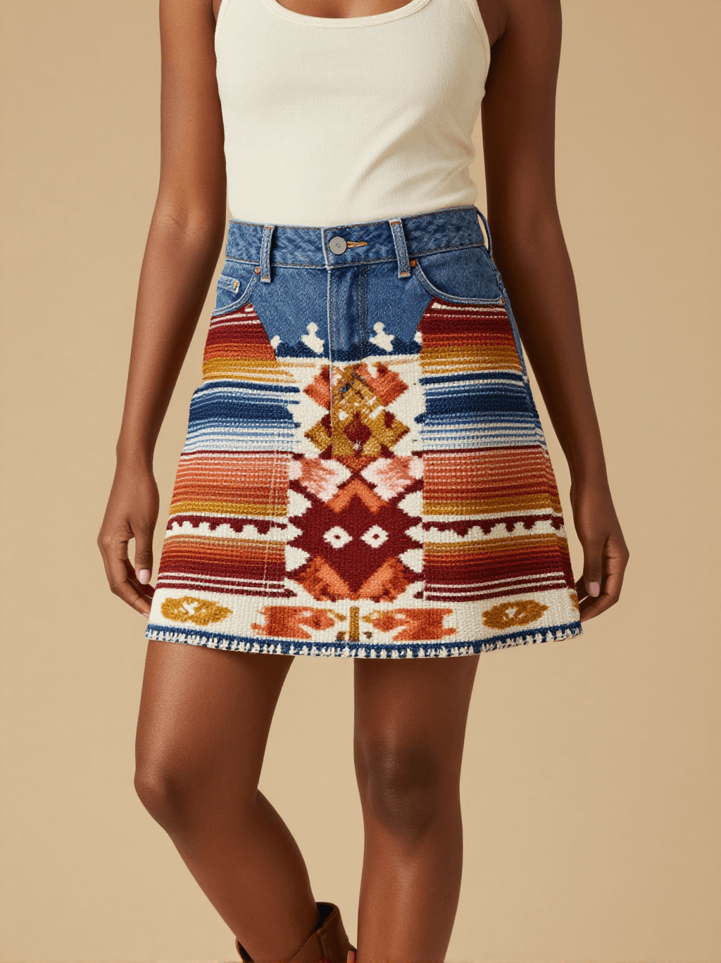 Saltillo Classic Center Denim Mini Skirt – Front View – Amara – Cream / Terracotta / Indigo