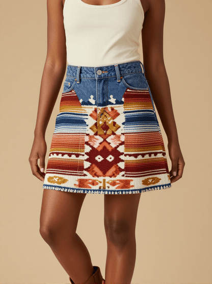Saltillo Classic Center Denim Mini Skirt – Front View – Amara – Cream / Terracotta / Indigo