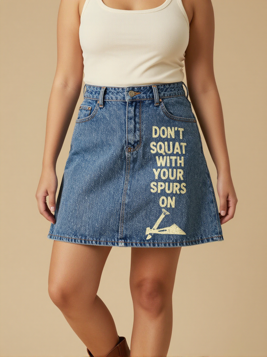 Don't Squat with Your Spurs On Denim Mini Skirt – Front View – Jessie – Blue Denim