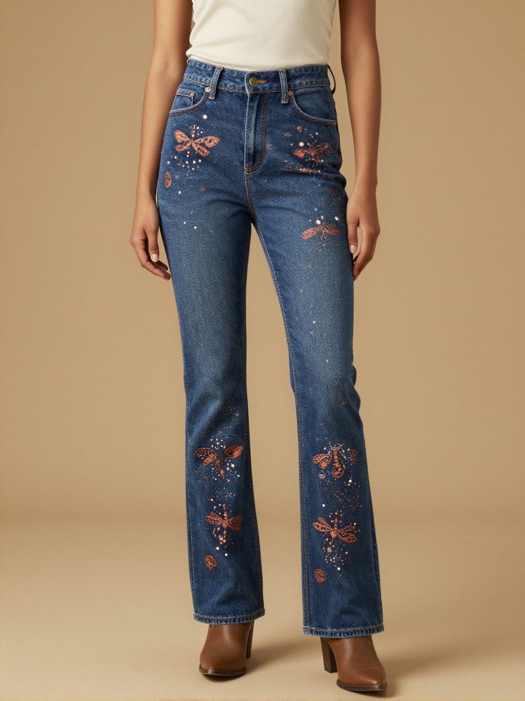 Firefly Dance Dust Bootcut Jeans – Front View – Jessie – Warm Gold / Twilight Blue
