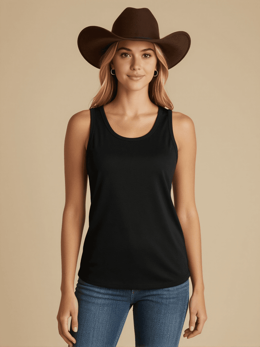 Broken Spur Neon Tank Top – Front View – Riley – Black / Terracotta / Teal