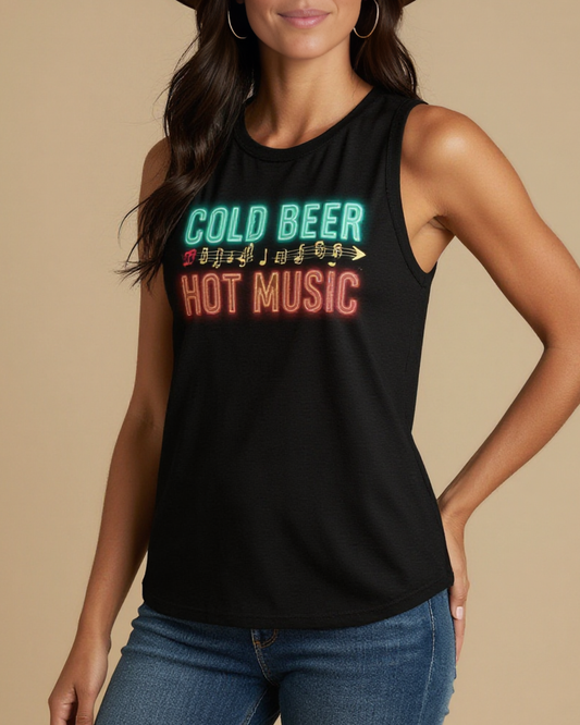 Cold Beer Hot Music Tank Top – Front View – Riley – Black / Turquoise / Coral