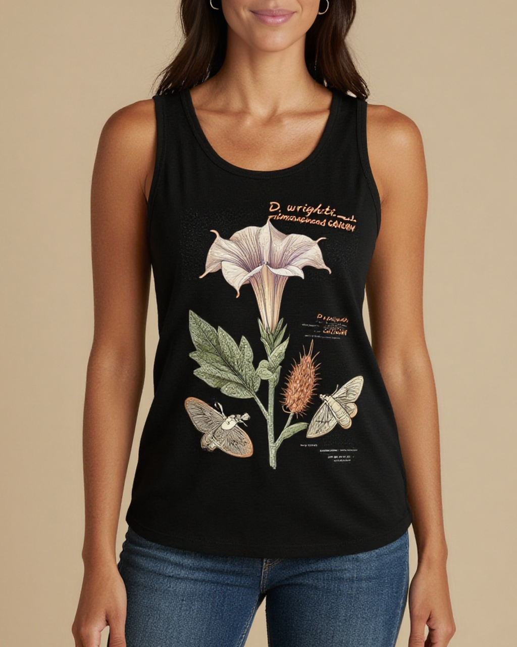 Sacred Datura Specimen Tank Top – Front View – Jessie – Black / Cream / Copper