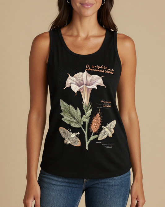 Sacred Datura Specimen Tank Top – Front View – Jessie – Black / Cream / Copper