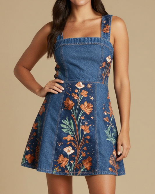 Copper Chord Floral Structured Mini Dress – Front View – Jessie – Indigo / Copper / Trail Bone