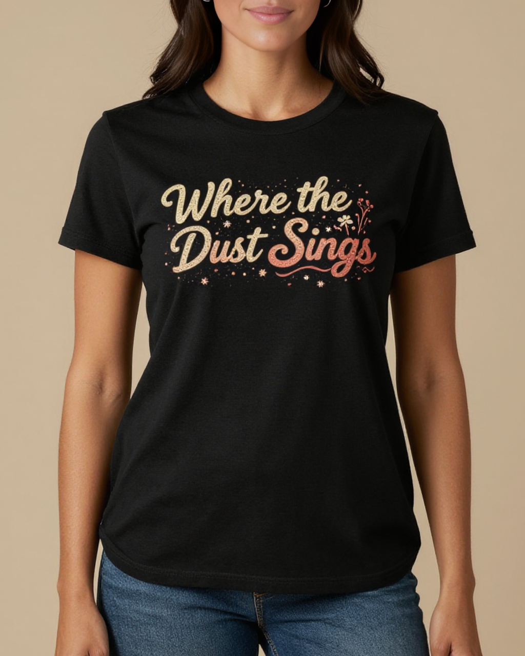 Where the Dust Sings Washed Tee – Front View – Jessie – black