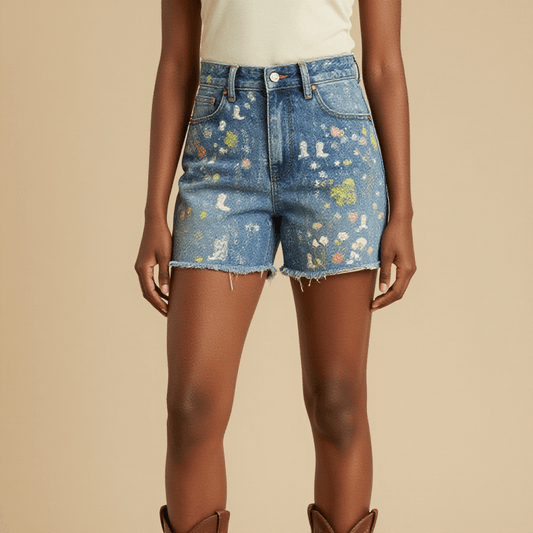 Bootstep Wildflower Denim Shorts – Front View – Amara – Light Wash / Wildflower Multi