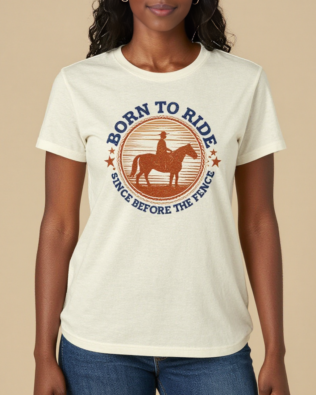 Born To Ride Badge Washed Tee – Front View – Amara – Cream / Terracotta / Navy