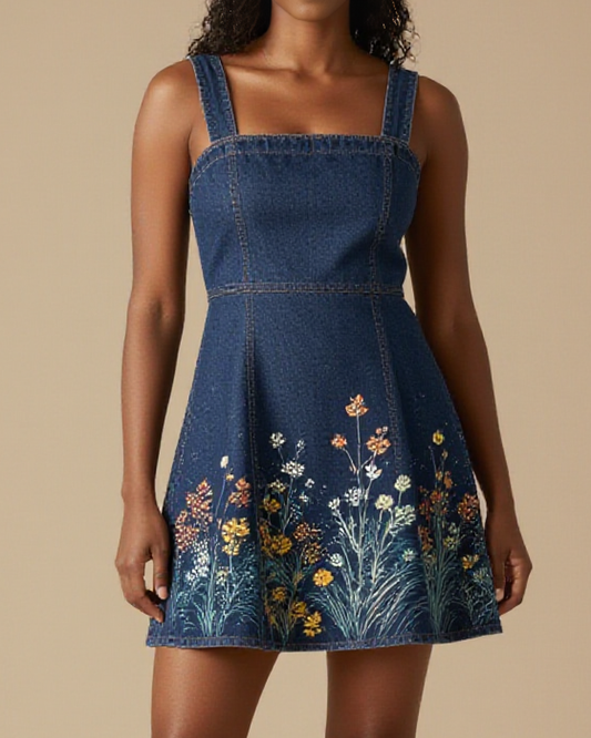 Open Air Bloom Structured Mini Dress – Front View – Amara – Faded Indigo / Wildflower Multi
