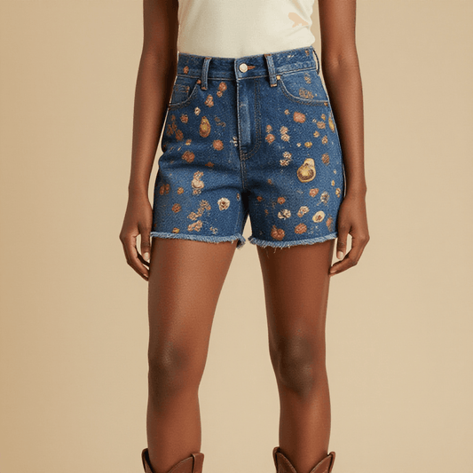 Warm Bulb Calico Denim Shorts – Front View – Amara – Indigo / Warm Copper / Trail Bone