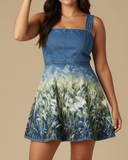 Stardust Grass Structured Mini Dress – Front View – Jessie – Indigo / Sage / Copper