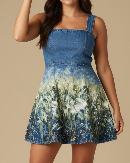 Stardust Grass Structured Mini Dress – Front View – Jessie – Indigo / Sage / Copper