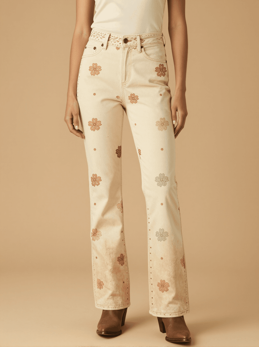 Worn Trail Bandana Bootcut Jeans – Front View – Jessie – Cream