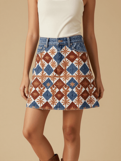 Chimayo Overlapping Denim Mini Skirt – Front View – Jessie – Trail Bone / Terracotta / Indigo