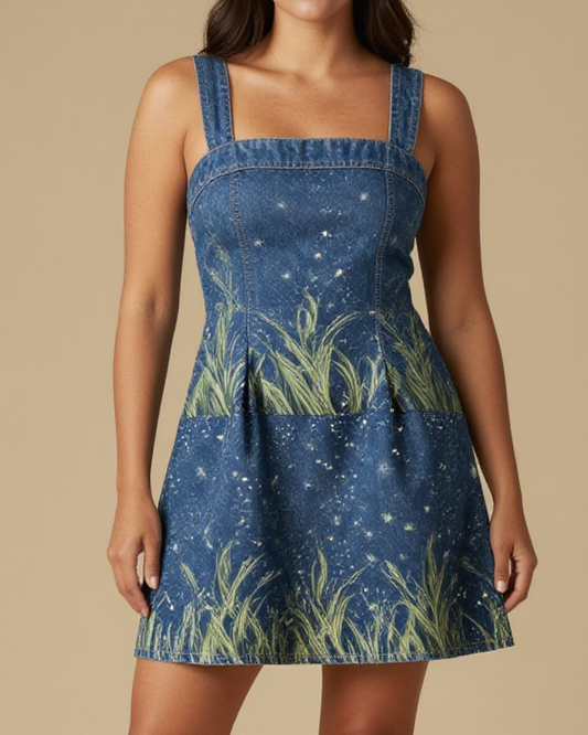 Stargrass Rhythm Structured Mini Dress – Front View – Jessie – Indigo / Sage / Copper