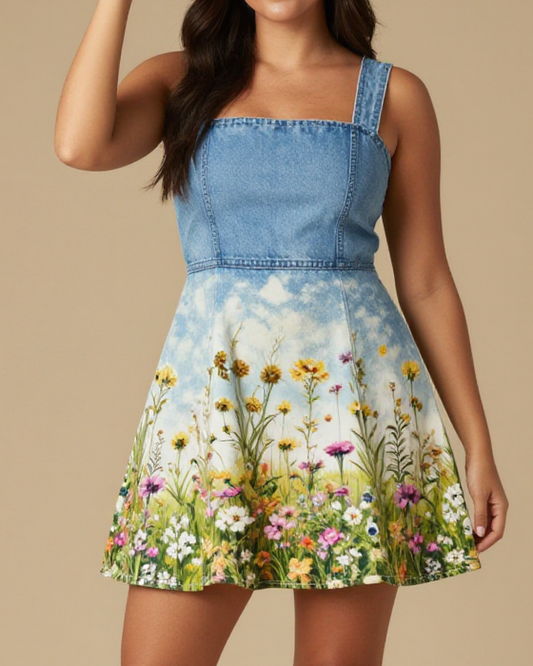 Meadow Encore Speckle Structured Mini Dress – Front View – Jessie – Indigo / Sage / Copper