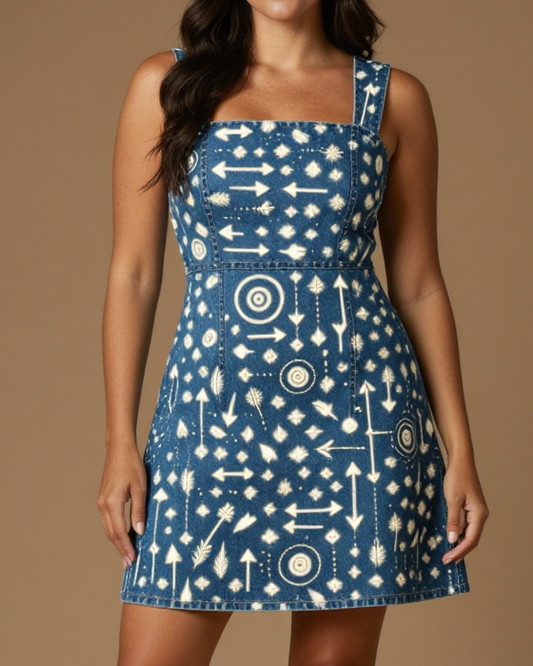 Annie's Arrow Dance Structured Mini Dress – Front View – Jessie – Indigo