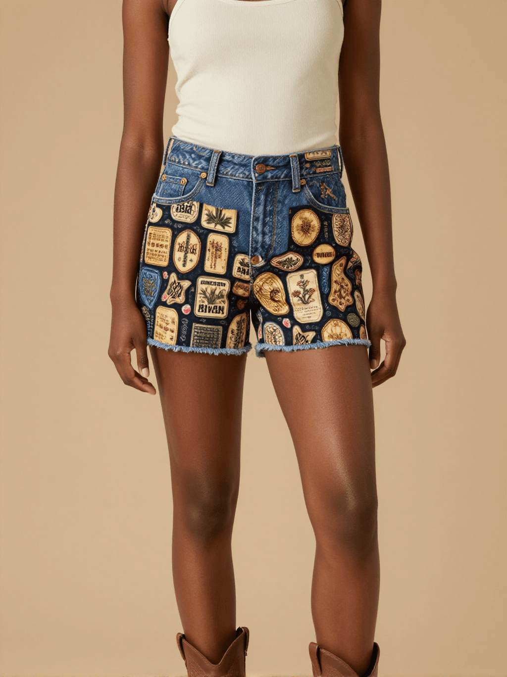 Prairie Pharmacy Labels Denim Shorts – Front View – Amara – Deep Black / Multi