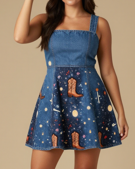 Dance Floor Boots Structured Mini Dress – Front View – Jessie – Midnight Indigo / Copper / Trail Bone
