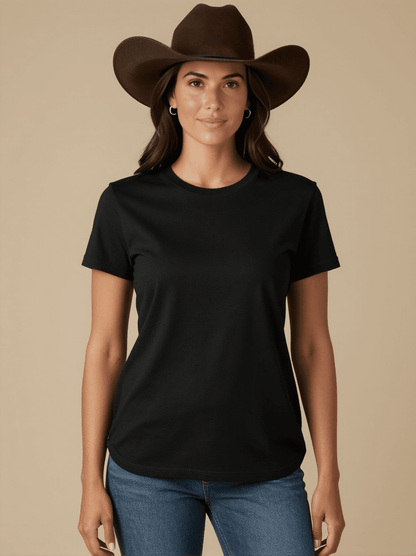 Eight Seconds Stacked Washed Tee – Front View – Jessie – Black / Cream / Terracotta