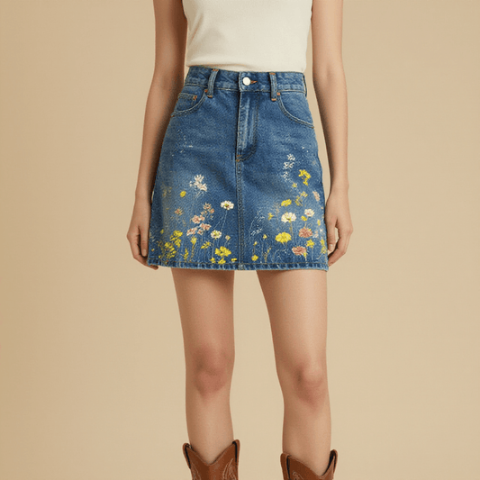 Open Air Bloom Denim Mini Skirt – Front View – Riley – Faded Indigo / Wildflower Multi