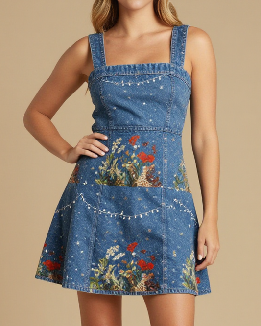Backroad Lantern Tune Structured Mini Dress – Front View – Riley – Indigo / Copper / Trail Bone