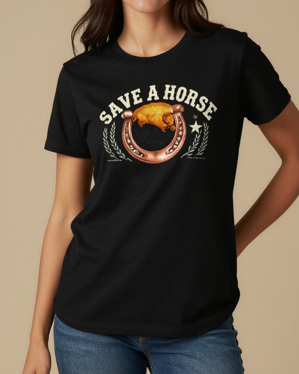 Save A Horse Washed Tee – Front View – Riley – Black / Cream / Copper