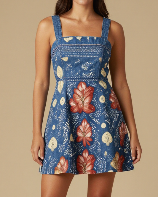 Two Step Petals Structured Mini Dress – Front View – Jessie – Indigo / Sage / Copper
